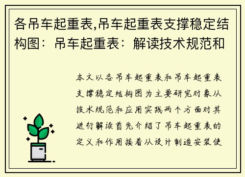 各吊车起重表,吊车起重表支撑稳定结构图：吊车起重表：解读技术规范和应用实践